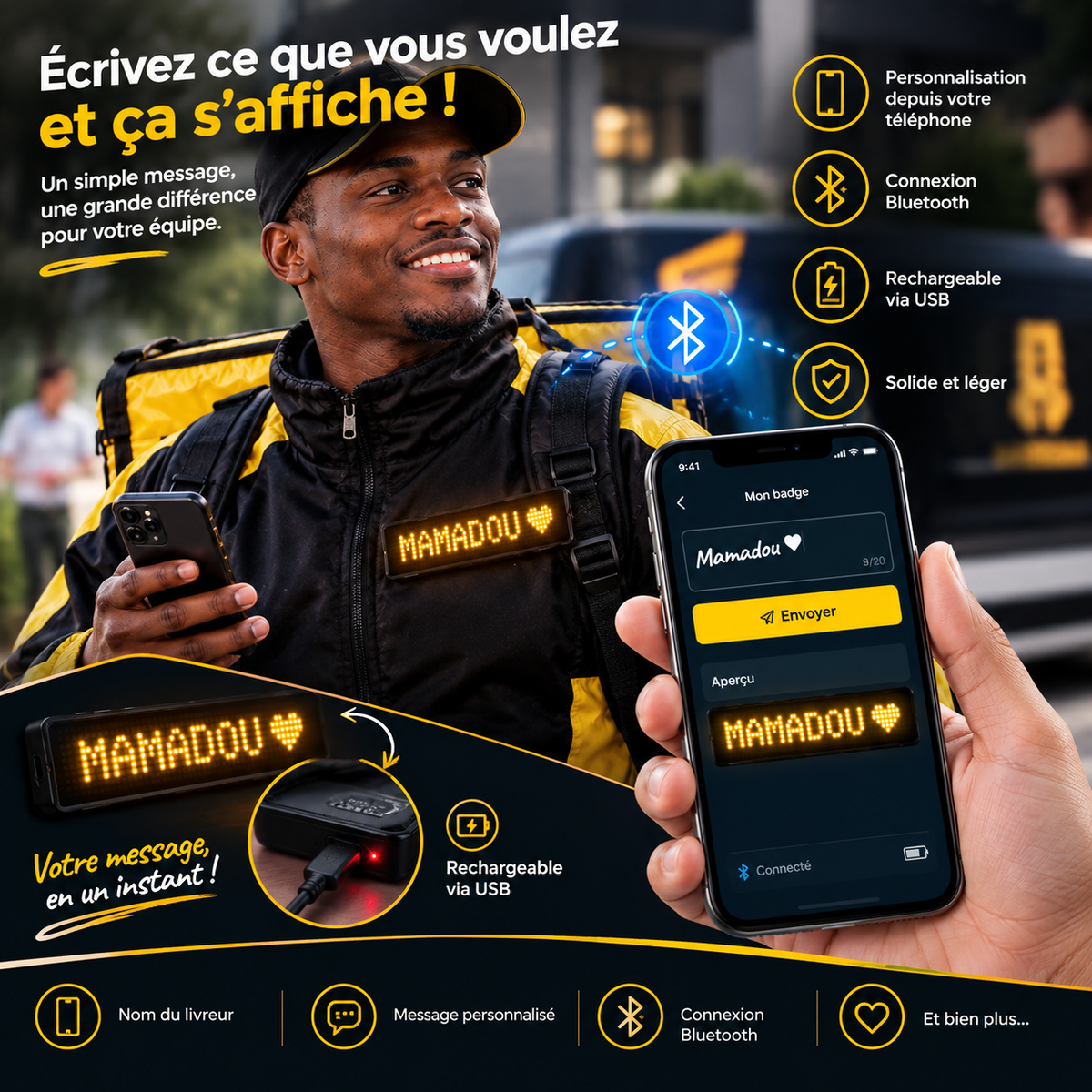 Badge LED Personnalisable pour Livreur
